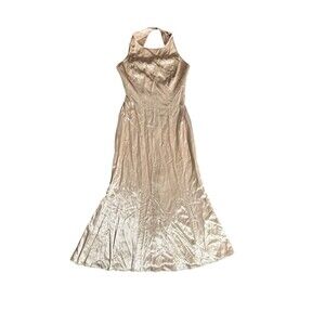 Hampton Nites Champagne Gold Satin Metallic Maxi Dress Gown Size 4 Halter Neck